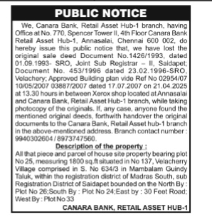 Public Notice: Lost Property Documents (Canara Bank)