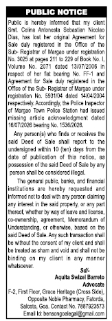 Public Notice: Lost Property Documents (Flat No. FF-1, Margao, Goa)