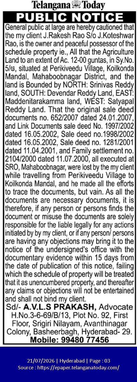Public Notice: Lost Property Documents (J. Rakesh Rao)
