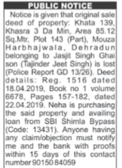 Public Notice: Lost Sale Deed and Intent to Purchase Property