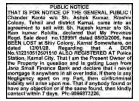 Public Notice: Lost Sale Deed and Loan Intimation
