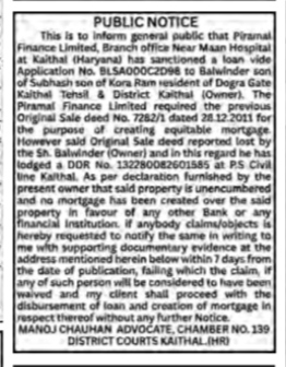 Public Notice: Lost Sale Deed and Loan Sanction