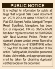 PUBLIC NOTICE: Lost Sale Deed Document