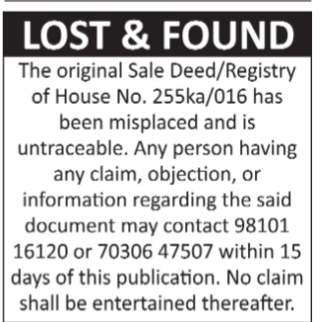 Public Notice: Lost Sale Deed
