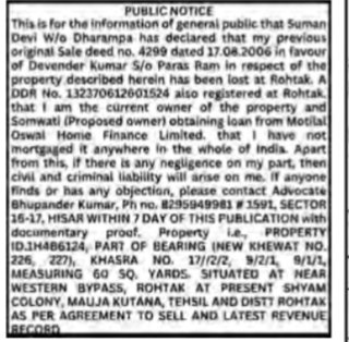 PUBLIC NOTICE: LOST SALE DEED