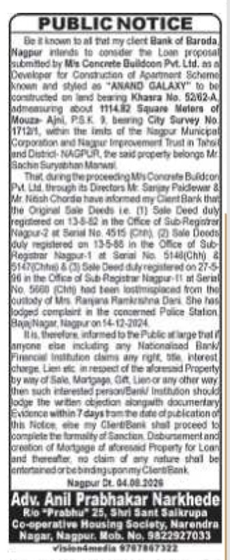 PUBLIC NOTICE: Lost Sale Deeds & Loan Proposal for "ANAND GALAXY" by Bank of Baroda (Nagpur)