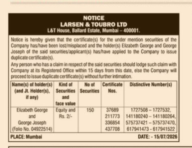 PUBLIC NOTICE - LOST SECURITY CERTIFICATE OF LARSEN AND TOUBRO LTD
