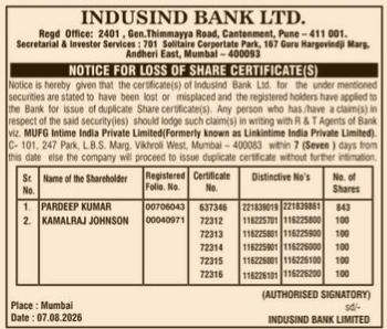 Public Notice: Lost Share Certificates (IndusInd Bank)