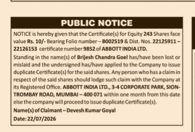 Public Notice: Lost Share Certificates of Abbott India Ltd.