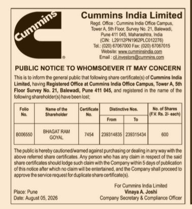 Public Notice: Lost Share Certificates of Cummins India Limited