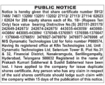 Public Notice: Lost Share Certificates of Dynamatic Technologies Ltd