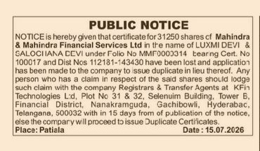 Public Notice: Lost Share Certificates of Mahindra & Mahindra Financial Services Ltd