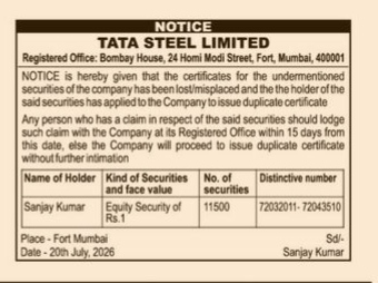 Public Notice: Lost Share Certificates of Tata Steel Limited