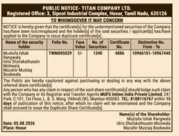 Public Notice: Lost Share Certificates - Titan Company Ltd.