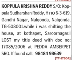Public Notice - Lost Title Deed Document