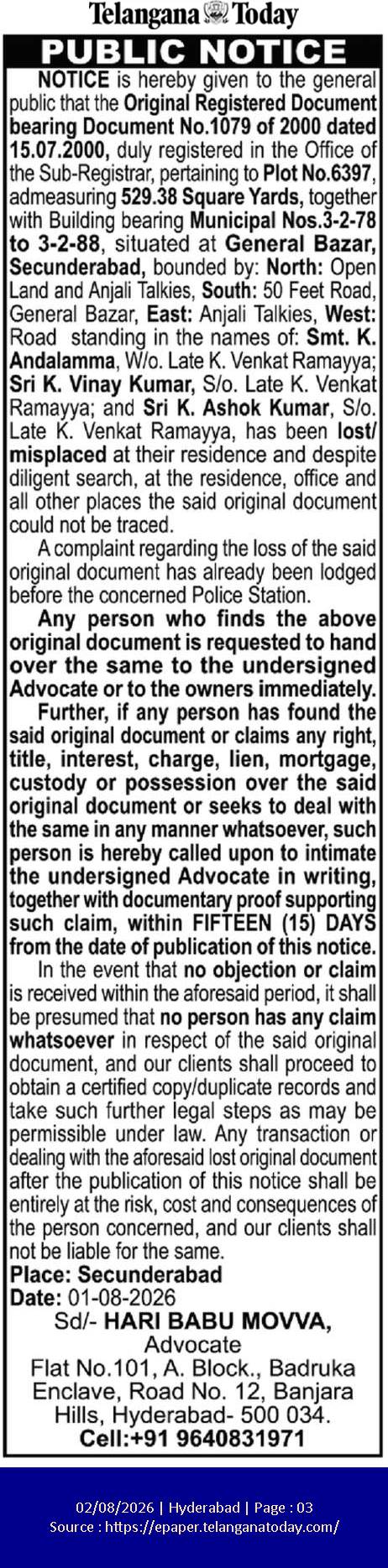 Public Notice: Lost Title Deed for Plot No. 6397, Secunderabad