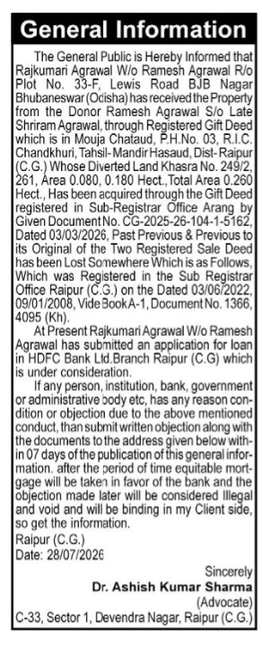 Public Notice: Lost Title Deeds & Loan Intimation