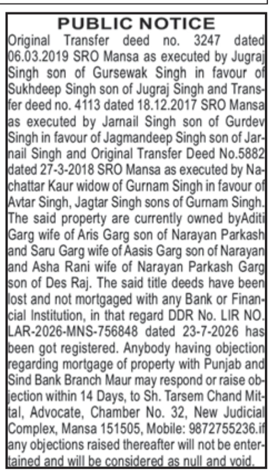 Public Notice: Lost Title Deeds