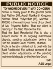Public Notice: Matrimonial Dispute and Property Claim