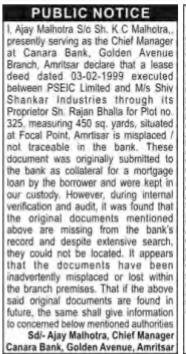 Public Notice: Misplaced Lease Deed