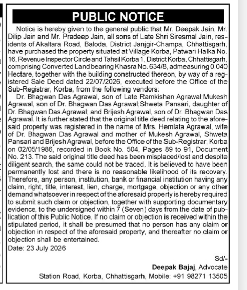 Public Notice: Misplaced Title Deed & Property Purchase Claim