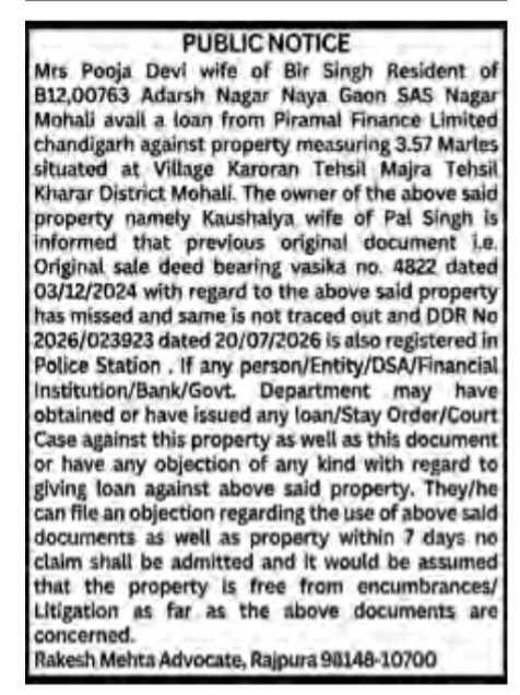 Public Notice: Missing Original Sale Deed and Loan Intimation