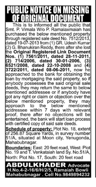 Public Notice: Missing Original Title Deeds for Plot 18, Moon City, Mahabubnagar