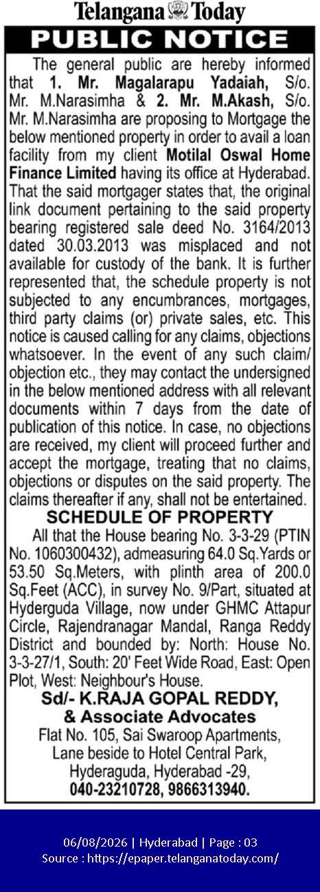 Public Notice: Missing Property Documents & Proposed Mortgage by Motilal Oswal Home Finance Limited