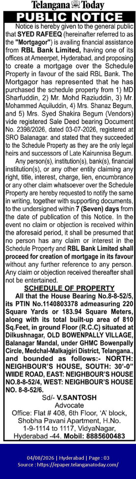 Public Notice: Mortgage Proposal for Property in Old Bowenpally, Hyderabad
