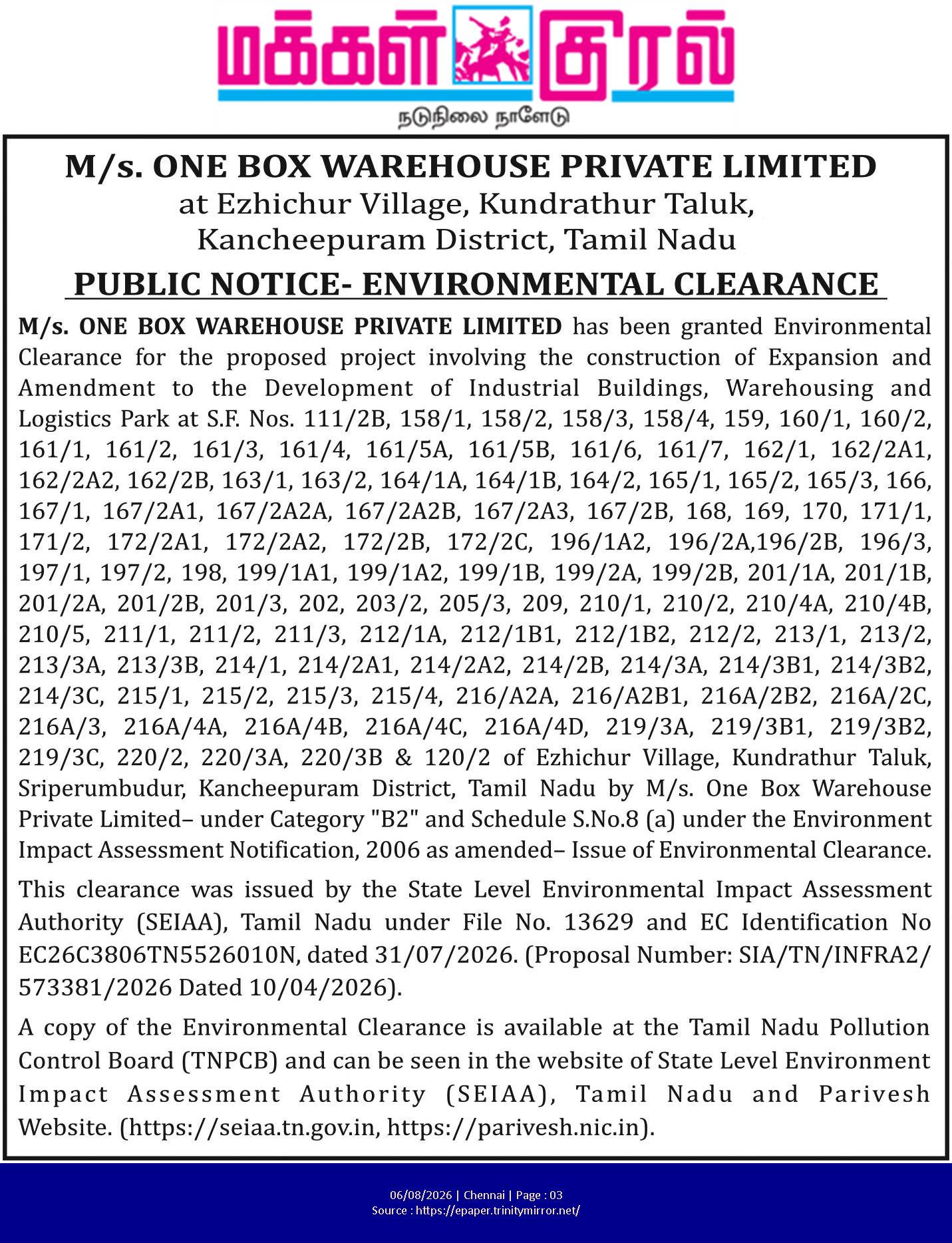 Public Notice: M/s. One Box Warehouse Environmental Clearance