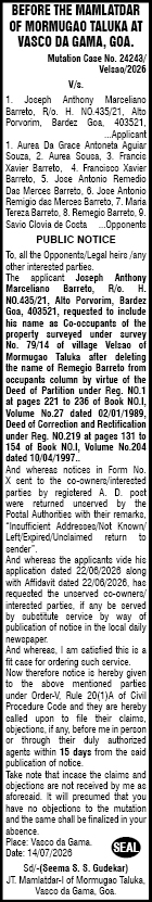 Public Notice: Mutation Case No. 24243/Velsao/2026 Before the Mamlatdar of Mormugao Taluka