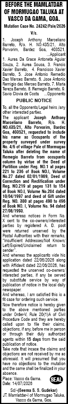 Public Notice: Mutation Case of Property in Pale, Mormugao Taluka