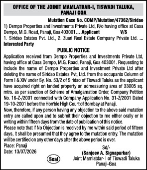Public Notice: Mutation Entry Request (Tiswadi Taluka, Panaji-Goa)