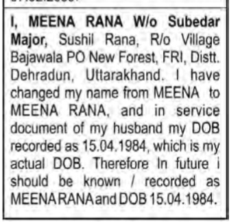 Public Notice: Name and DOB Change- MEENA RANA