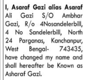 Public Notice: Name Change of Asaraf Gazi