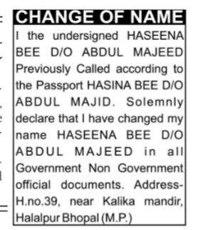 Public Notice: Name Change of Haseena Bee