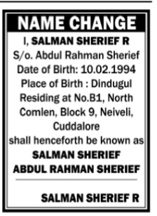 Public Notice: Name Change of Salman Sherief R