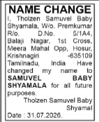 Public Notice: Name Change of Tholzen Samuvel Baby Shyamala