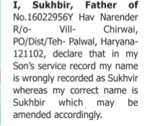 Public Notice: Name Correction-sukhbir