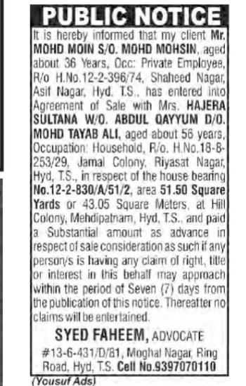 Public Notice of Agreement of Sale for House Property in Mehdipatnam, Hyderabad