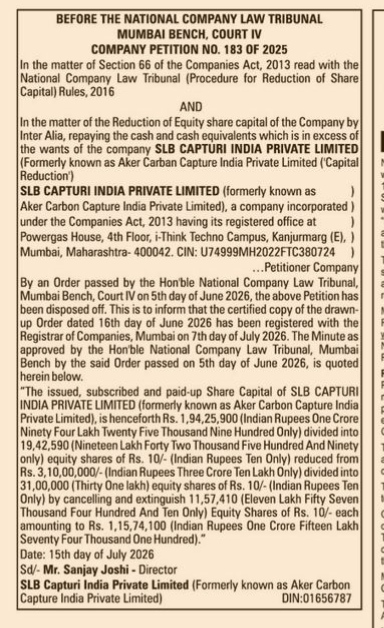 Public Notice of Capital Reduction Order for SLB Capturi India Private Limited