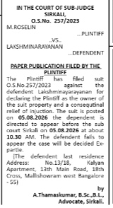 Public Notice of Court Suit (M. Roselin vs. Lakshminarayanan)