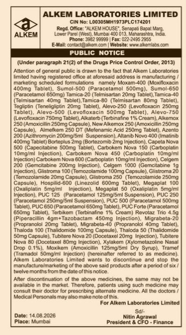 Public Notice of Discontinuation of Medicines by Alkem Laboratories Limited