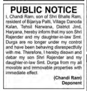 Public Notice of Disownment".