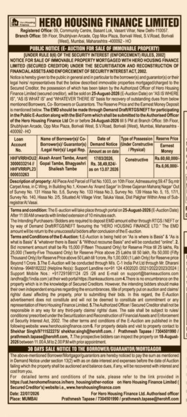 Public Notice of E-Auction for Sale of Immovable Property by Hero Housing Finance Limited
