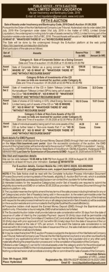 Public Notice of Fifth E-Auction for IVRCL Limited