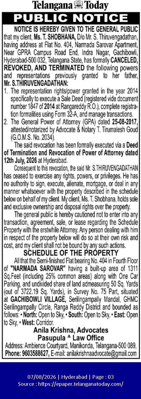 Public Notice of GPA Revocation for Narmada Sarovar Flat 404