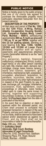 Public Notice of Immovable Property Purchase (Flat 1202, Raheja Atlantis, Lower Parel, Mumbai)