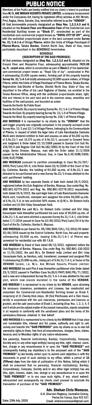 Public Notice of Intended Property Purchase – Ave Miriam Resorts Pvt. Ltd. (Goa)