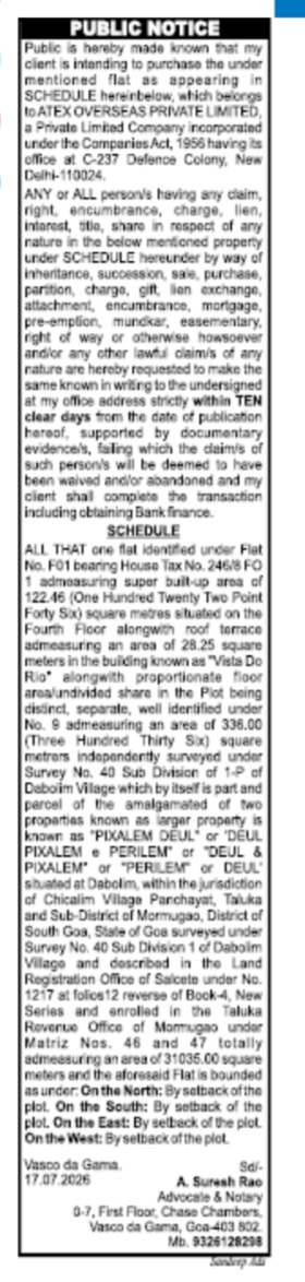 Public Notice of Intended Property Purchase by Advocate A. Suresh Rao